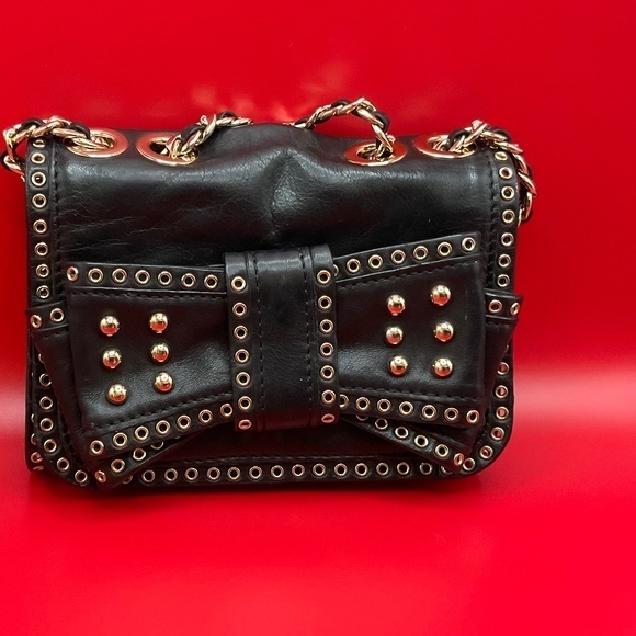 REBECCA MINKOFF Sweetie Studded Bow Black/ Gold Leather Shoulder Bag - Picture 2 of 12